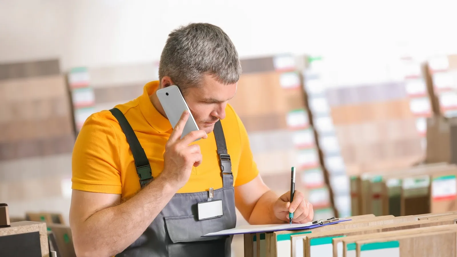 Ein Zimmerer spricht in einem Fachmarkt für Werkzeug und Baumaterialien am Telefon und schreibt sich was auf.